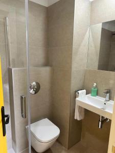 a bathroom with a shower with a toilet and a sink at Pensión Ariz in Basauri