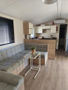 a living room with a couch and a table at Wima Chalet in Sevenum