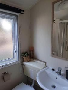 a bathroom with a sink and a toilet and a mirror at Wima Chalet in Sevenum +13 photos