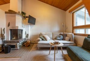 a living room with a couch and a fireplace at Voimakelo - renovated - near ski bus in Kuusamo