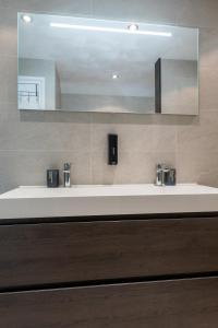 a bathroom with a white sink and a mirror at Chalet Achterbosch in Lieshout +44 photos