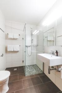 a bathroom with a shower and a sink and a toilet at Studio 28 Kaprun inkl Sommerkarte in Kaprun
