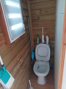 a small bathroom with a toilet and a window at Tiny house tout inclus in Fronton