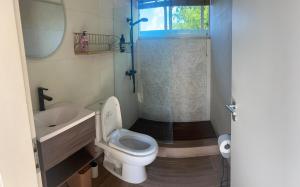 a bathroom with a shower and a toilet and a sink at The Cottage in Saint Georgeʼs