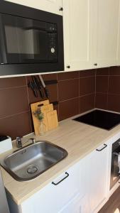 a kitchen counter with a sink and a microwave at Casa Capri Győr in Győr