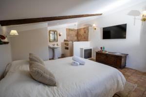 a bedroom with a large white bed and a television at Maison Roque in Sannes +29 photos