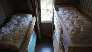 two bunk beds in a room with a window at HagestadHytteutleie Wallhall in Birkenes