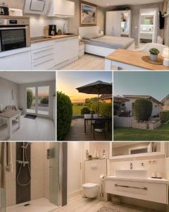 a collage of photos of a kitchen and a bathroom at Bungalow Seeblick Am Achterwasser in Ueckeritz