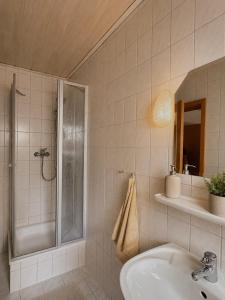 a bathroom with a sink and a shower at Pension Glück in Schleife
