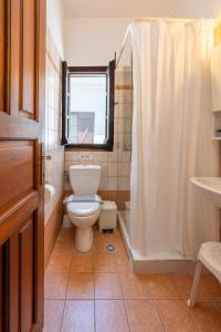 a bathroom with a toilet and a shower and a sink at Maistros Studios in Damouchari