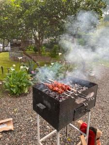 a grill with a bunch of meat cooking on it at Kolkhi Guest House in Gonio