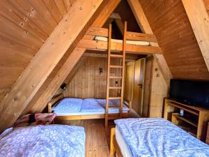 a bedroom with two bunk beds and a tv at Haus Paradiesecke in Waldbrunn