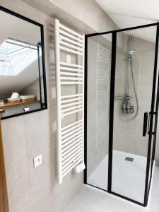 a shower with a glass door in a bathroom at Duplex with private outdoor spa close to Strasbourg city center in Strasbourg