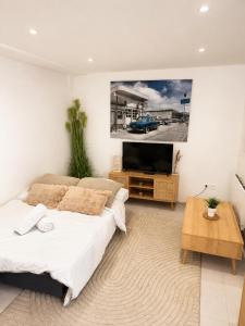 a bedroom with a bed and a flat screen tv at Duplex with private outdoor spa close to Strasbourg city center in Strasbourg