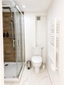 a white bathroom with a toilet and a shower at EDEN SUITE Escale proche de CDG in Tremblay-En-France