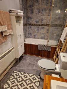a bathroom with a toilet and a bath tub at Gites Armorique in Plésidy