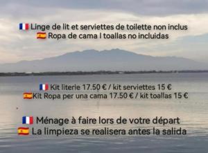a screenshot of a text message about a beach at Presqu'île de Cap Coudalere avec une chambre - PISCINE -terrasse - aire de jeux d'enfants - Parking - Terrain multisport - Commerces - Restaurant in Le Barcarès