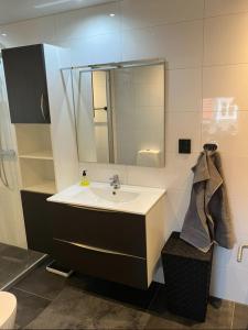 a bathroom with a sink and a mirror at Ferieleilighet Kragerø in Kragerø +12 photos