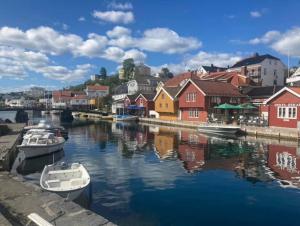 a group of boats docked in a river with houses at Ferieleilighet Kragerø in Kragerø
