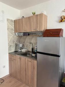 a kitchen with a stainless steel refrigerator and wooden cabinets at EmiliJana House in Dolna Matka