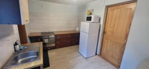 a kitchen with a white refrigerator and a sink at Sodyba pas Babą - namas KLASIKA in Palanga
