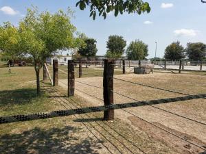a fence with wooden poles and a tree in a field at Ranch Borgo Bellavita in Fossalta Maggiore
