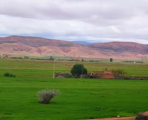 a large green field with mountains in the background at Chambre partagée Hostel DAIFLAH in Oulad Rguia