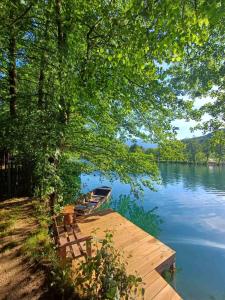 a wooden dock with a boat on a lake at Unska Bajka Bihać in Bihać