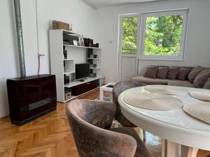 a living room with a table and chairs and a couch at Apartman Milica in Vršac