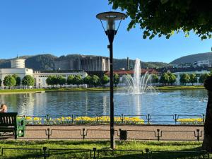a woman sitting on a bench in front of a lake at Bergen City hostel Rooms in Bergen