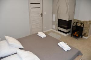 a living room with a bed and a fireplace at Lemon & Jacuzzi in Boguszów-Gorce