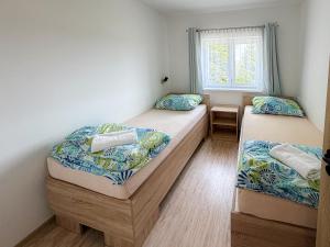 two twin beds in a room with a window at Pension u Vlčků in Hracholusky