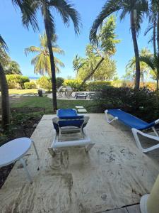 a couple of chairs and a table and palm trees at 117 Sapphire Beach Condo in Christ Church