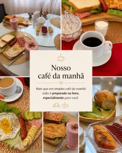 a collage of pictures of breakfast foods and coffee at Pavilhão Egípcio in Curitiba