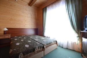 ein Schlafzimmer mit einem Bett und einem großen Fenster in der Unterkunft Cottage Kurshevel in Slawske