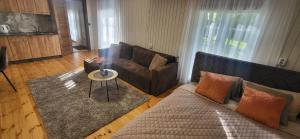 a living room with a couch and a table at Sodyba pas Babą - Apartamentai "EGLYNAS" Šventoji in Palanga