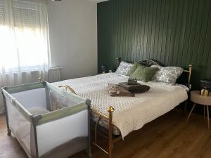 a bedroom with a bed with a green wall at Apartma Prospera - free parking in Maribor