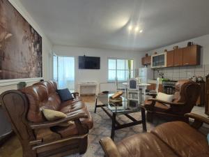 a living room with leather furniture and a table at Apartmani CARDAK in Paša Bunar