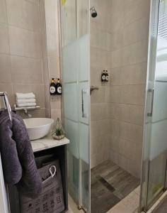 a bathroom with a shower and a sink at Montgomery Highlands Estate in Harare +22 photos