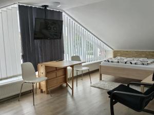 a bedroom with a bed and a desk and chairs at Work & Stay Peine, Parkplatz, WLAN, Küche inkl in Peine