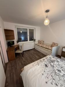 a bedroom with a bed and a desk and a window at Ubytovanie u Tomáša in Nesvady