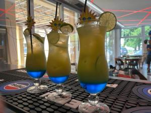 Drei Cocktails in Gläsern stehen auf einem Tisch. in der Unterkunft Hotel Manea Hub in Orşova
