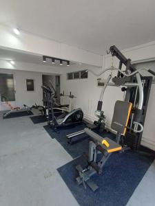 a gym with several tread machines in a room at Mountain Panoramic Suite in Trou d'Eau Douce