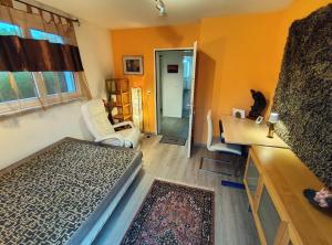 a room with a bed and a chair and a desk at Zimmer oberhalb Kreuzlingen in Kreuzlingen