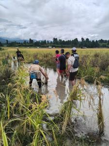 a group of people are standing in a field at Camp Wildnest Adventures Ziro in Ziro