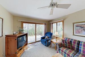 a living room with a couch and a tv at Narnia on Earth in Lake Lure