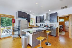a kitchen with stainless steel appliances and wooden floors at The Lime House in Brevard