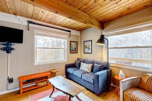 a living room with a couch and a tv at Bryson Chalet in Bryson City