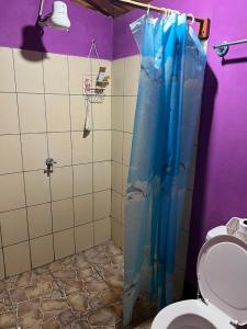 a bathroom with a toilet and a shower curtain at Quinta Gualca in Condega