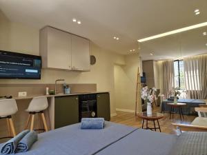 a kitchen and living room with a bed in a room at Central Bazaar with Parking in Tirana